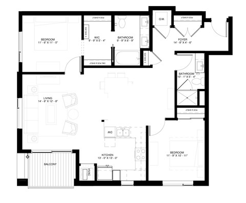 Floor plan for a 2 bedroom and 2 bath apartment unit